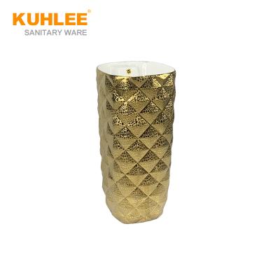 China Modern Basin New Design Embossed Gold Pedestal Sink Basin Sanitary Ware Bathroom Sinks Gold Wash Basin for sale