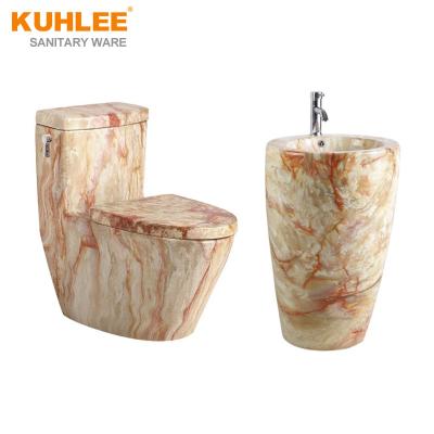 China Traditional Rich Marble Design Bathroom Tornado Toilet Set With Wash Hand Basin Ceramic Sanitary Ware Suites for sale