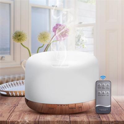 China Hotel Wood Grain 500ml Air Humidifier Remote Control Ultrasonic Electric Aroma Oil Diffuser with 7 Colors LED Lights for Home for sale