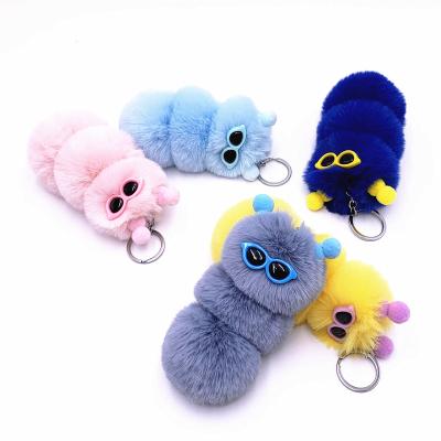 China 2021 Multifunctional Key Chain Hanging Caterpillar Hair Ball Bag Fluffy Keychain Glass Tassel Fur And Plush Metal Keychain for sale