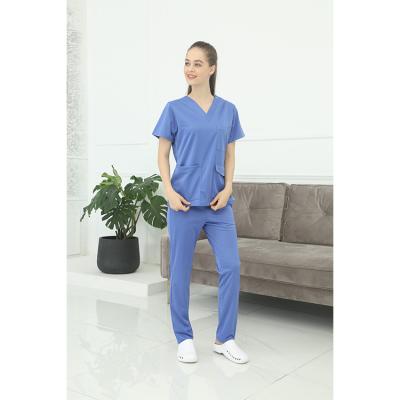 China New Style Breathable Stretchy Blue V-neck Hospital Nurse Uniform Medical Scrubs Surgical Nurse Sets for sale