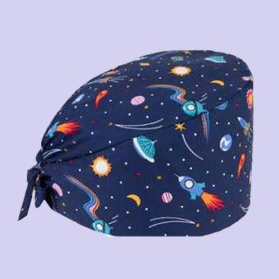 China New Style Breathable 100% Cotton Beauty Salon Pet Hospital Scrub Hats Dentist Nurse Cap Printed Pattern Surgical Cap With Button And Tie for sale