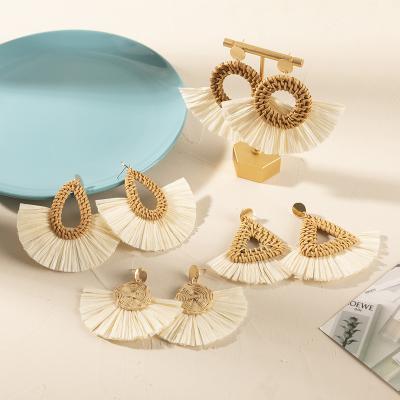 China CLASSIC hot top selling new statement raffia palm colorful grass small wrapped earring sets best of 2022 summer for women for sale