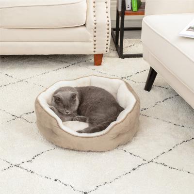 China TEXbnb Cama De Gatos New Design Round Shape Warm Round Cat Bed For All Season Travel Shorts Fleece Sleep Cushion Non-Slip Suede for sale