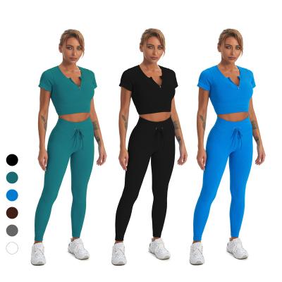 China Logo Yoga Wear Sport Clothing Custom Antibacterial Sets V Neck High Waist Leggings Workout Two Piece Sets Gym Activewear Sets for sale