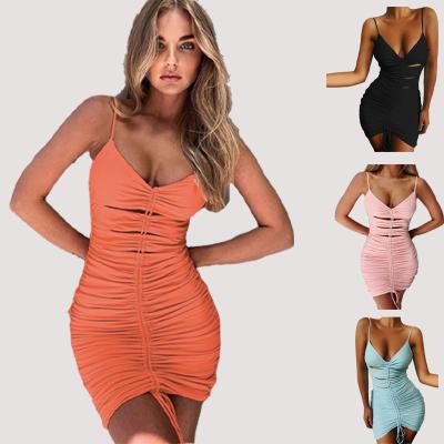 China Cavity Anti-static Summer Sexy V-Neck Wrap Buttocks Skirt Pull Rope Nightclub Dress Women's Sexy Casual Outfits for sale