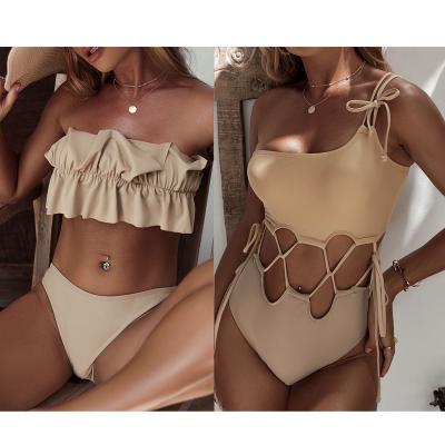 China Anti-UV Women Females Swimming Suits Off The Shoulder Fashion Beige Swimsuits 2022 Bathing Suits for sale