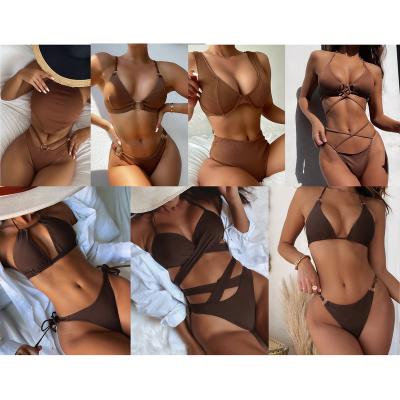 China Ladies 2021 Two Piece Anti-UV Coffee Brown Women Summer Halter Neck Bikini Swimwear 2 Piece Set Swimwear for sale