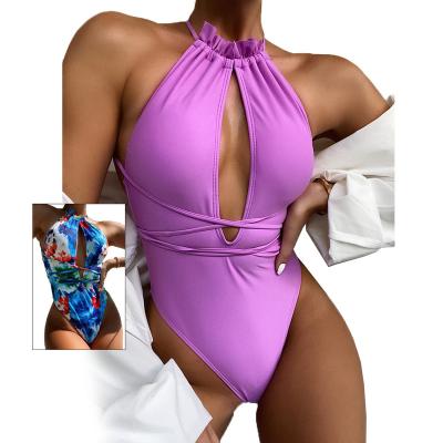 China OEM 2021 Factory Wholesale One Piece Swimsuit Anti-UV Lace High Up Monokinis Women Purple Bathing Suit for sale