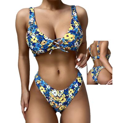 China Women's Anti-UV Sexy Swimwear Women's Blue Floral Two-Piece Bikinis Sling Bikini Swimwear Swimwear for sale