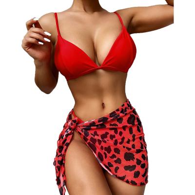 China Anti-UV red leopard three piece swimsuit swim skirt swimming suit woman 3pcs sexy female bikini set 2021 cover ups beach wear for sale