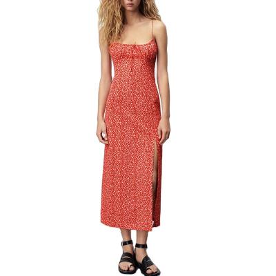 China 2021 Autumn New Summer Women Red Flower Anti-static Fast Delivery Split Side Zipper Women's Abstract Dress for sale