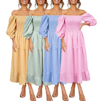 China Fall 2021 Fashion Anti-static Pink Women Clothes Long Sleeve Chiffon Boho Dress Ladies Puff Sleeve Ladies Elegant Casual Dress Gowns for sale