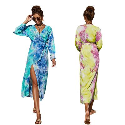 China Spring Summer Anti-Static New Arrivals Fashion High Waist Casual Loose Tie Dye Waist Plus Long Sleeves Floral Print Women Dresses for sale