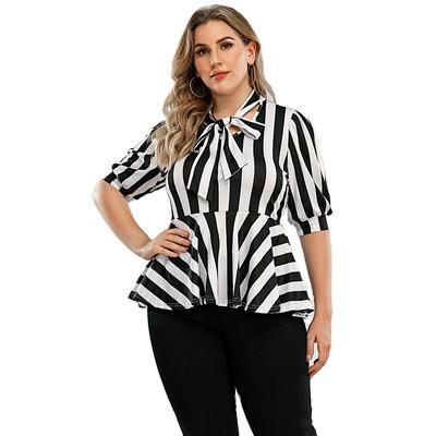 China Anti-wrinkle Fashion Bowknot Collar Short Sleeve Shirt Striped Plus Size Women's Clothing Blouse Ladies for sale