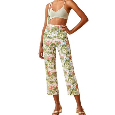 China 2021 autumn women pants high waist soft straight crop women anti-static female floral pants for sale