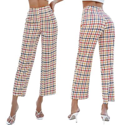 China 2021 New Anti-wrinkle Ladies Pants Casual High-waist Plaid Lace-up Wide-leg Cropped Pants Dropshipping Women Straight Leg Pants for sale