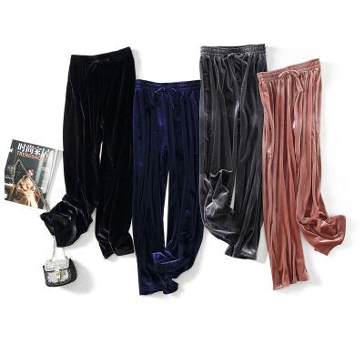 China Anti-static fashionable long vintage tictok custom logo ladies stacked high waisted slim women velvet track loose black stretchy rope pants for sale