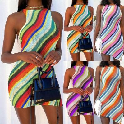 China New Bodycon Dress O-Neck Sleeveless Sexy Colorful Striped Fashionable Breathable Summer Slim Fit Irregularity 3Xl Plus Size Dresses Women for sale