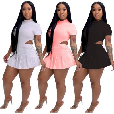 China Elegant Anti-wrinkle Ladies 2 PCS Clothing Jumpsuit T-shirt Pleated Skirt Summer Women Two Piece Set for sale