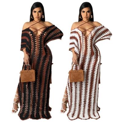 China Viable Casual Dress 2021 New Ladies Knitted Holes Color Block Summer Women Maxi Dresses for sale