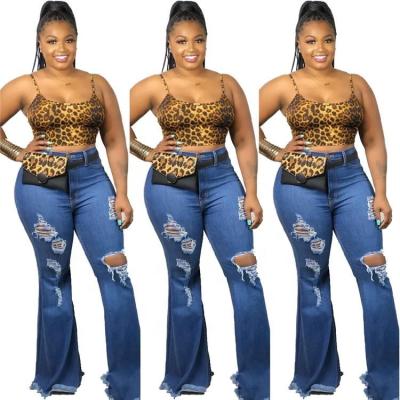 China Viable new style tight jeans pants pants women ladies shape hole hollow denim wide leg bell bottom women ripped jeans for sale