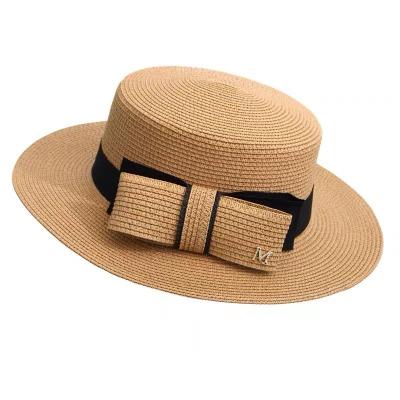 China Summer Lightweight Women's Breathable Straw Hat Simple Bow Flat Letter Top Letter Straw Hat Sun Shade Sun Shade Hat Seaside Hat for sale