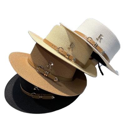 China Rhinestone R Buckle Women's Straw Hat Foldable Straw Hat Summer Leather Sun Hat Outdoor Flat Surface Seaside Leisure Beach Sun Protection Hat for sale