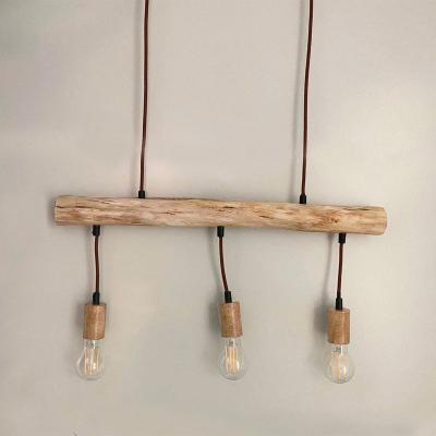 China E27 Socket Retro Bulbs Wood Frame Rural Style Residential Minimalist 3 Main Line Fabric Wire Wood Pendant Lights For Sale for sale