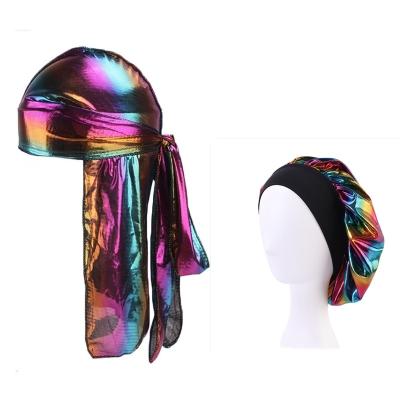 China 2020 Silky/100% Polyester Fashion Colorful Couple Set Do Cloth Men And Women Band Sleep Hat Wide Hood Durag for sale