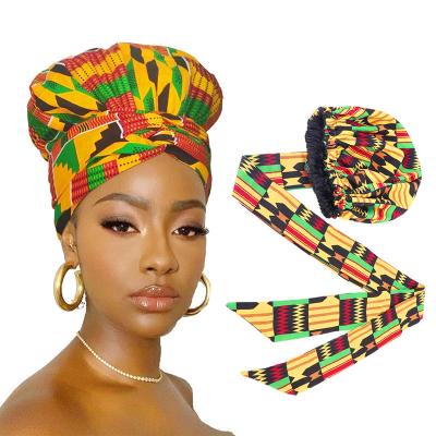 China Multifunctional Hot Tube Lady Ankara African Head Bonnets Fashion Amazon Long Printing Women Satin Wrap Head Bonnets for sale