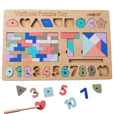 China Multifunctional building toy wooden jigsaw puzzle toy stacking game stacker geometry building blocks for sale