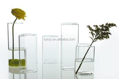 China Hot Sale Hand Made Hand Made Glass Tube Table Top Blown Clear Square Vases for sale