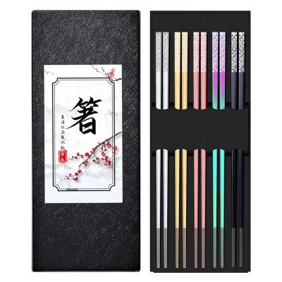 China Logo Reusable Luxury Colorful Polish Custom Viable 304 Stainless Steel Metal Chopsticks 5pairs With Gift Box Set for sale