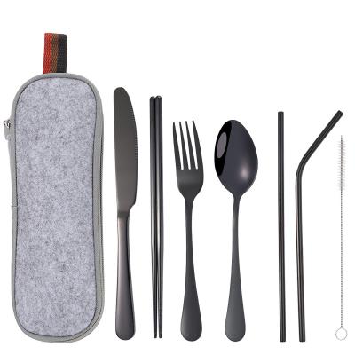 China Portable Silverware Stainless Steel Travel Camping Viable Cutlery Set Knife Fork Spoon Chopsticks Set with Felt Cloth Bag for sale