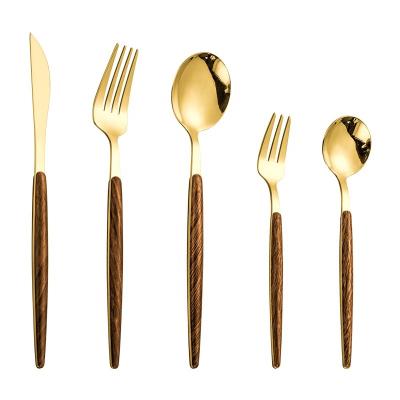 China Sustainable Bulk Gold Plated Stainless Steel Cutlery Set With Imitated Wooden Handle Kitchen Fork Spoon Knife Cutlery for sale