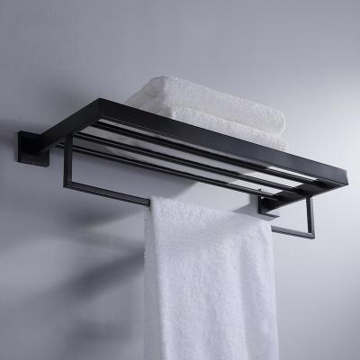 China Fashion Bathroom Wall Mounted Stainless Steel Towel Rack Square Black Thickened Towel Rack Set for sale