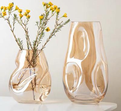 China Modern Nordic Large Size Glass Vases Table Color Amber Brown Transparent Home Flower Vase Centerpiece Decoration With Vase And Gift for sale