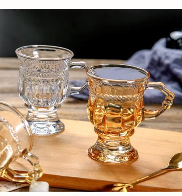 China Sustainable Gold Line Glass Ice Cube Design Turkey Teacup Saucer Set With Handle for sale