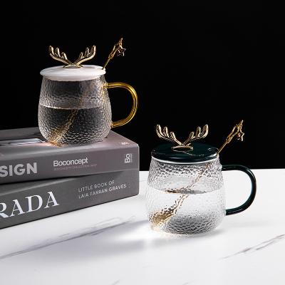 China Desktop Viable Nordic Gold Plated Household Cup Antler Style Transparent Water Cup With Lid Spoon for sale