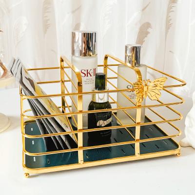 China 2022 New 2 Tier Iron Amazon Sustainable 2 Tier Luxury Cosmetic Gold Decorative Make Up Organizer Makeup Storage Shelf Metal Wire Basket. for sale