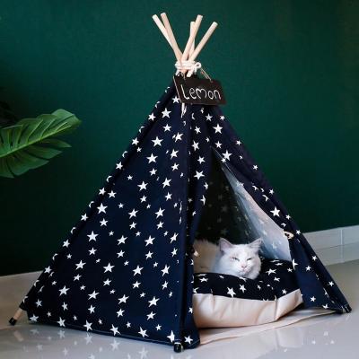 China Cat Dog Teepee Bed House Removable Canvas Maker Blanket Foldable Indoor Outdoor Portable Travel Houses Kennel With Cushion Pet Tent for sale