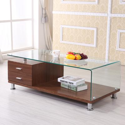 China Hot sale living room furniture easy cove high gloss paper paint bending glass coffee table with two drawers for sale