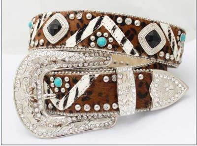 China cowhide black glass crystal belt western waistband hot selling for sale