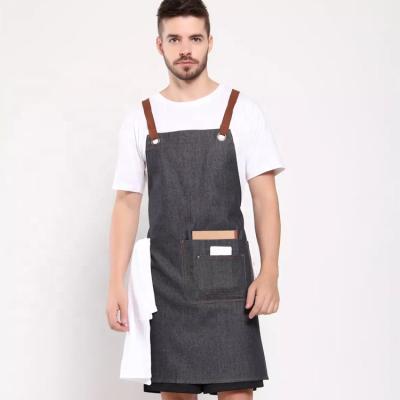 China Hot Sale Washable 100% Cotton Black Denim Customized Logo Cafe Kitchen Apron With Pocket for sale