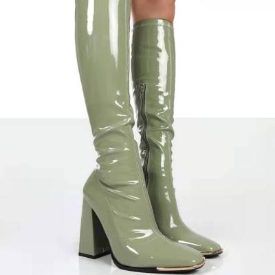 China PU Leather Waterproof Square Toe Boots Green Long Boots For Women With Heels for sale