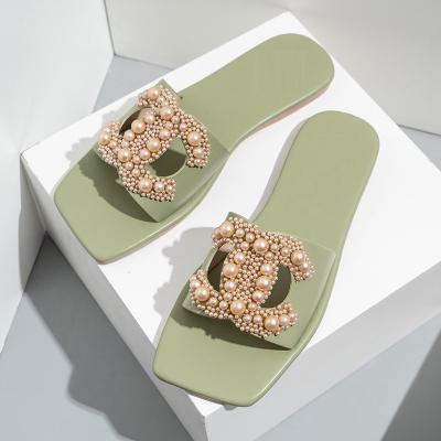 China Anti-skid women's flat sandals 2022 new summer style fashion slippers ladies beaded slippers for sale