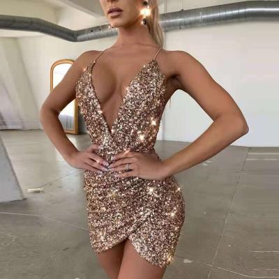 China 2022 Anti-wrinkle Discounted Prices Shape Sexy Deep V Neck Sequined Halter Irregular Backless Mini Dress for sale