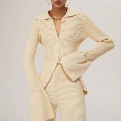 China Wholesale Breathable Women's Knitted Cardigan Sweater Tops Rocket Sleeve Rib Knit Pullover Sweater Knit Jacket Solid Color Ladies Autumn Winter for sale