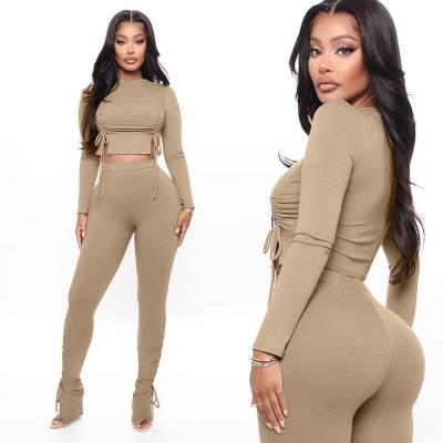 China Autumn Women 2020 Breathable 2 Piece Outfits Sexy Long Sleeves Drawstring O-Neck Mini Top With Split Trousers Stylish Outfit 2 Piece Set for sale